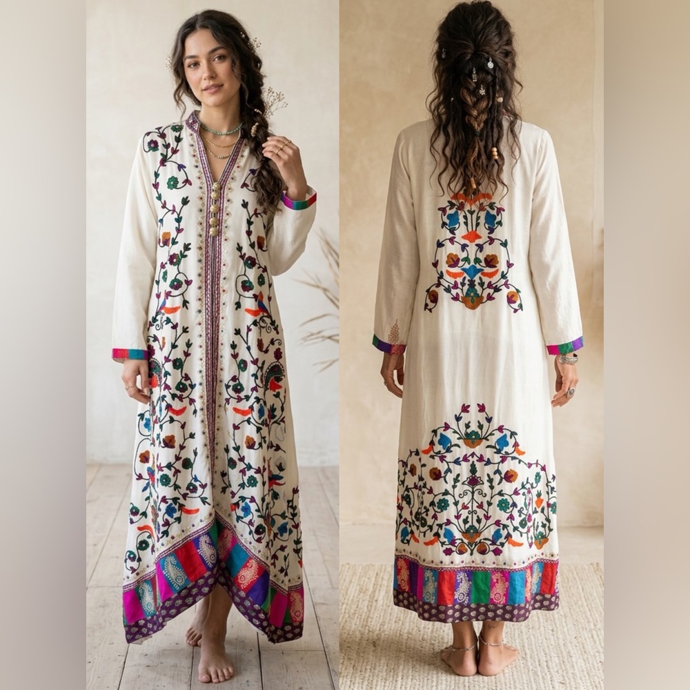 Artisan Hand-Embroidered Silk-Crinkle Embroidered Boho Maxi Dress Suzani Style